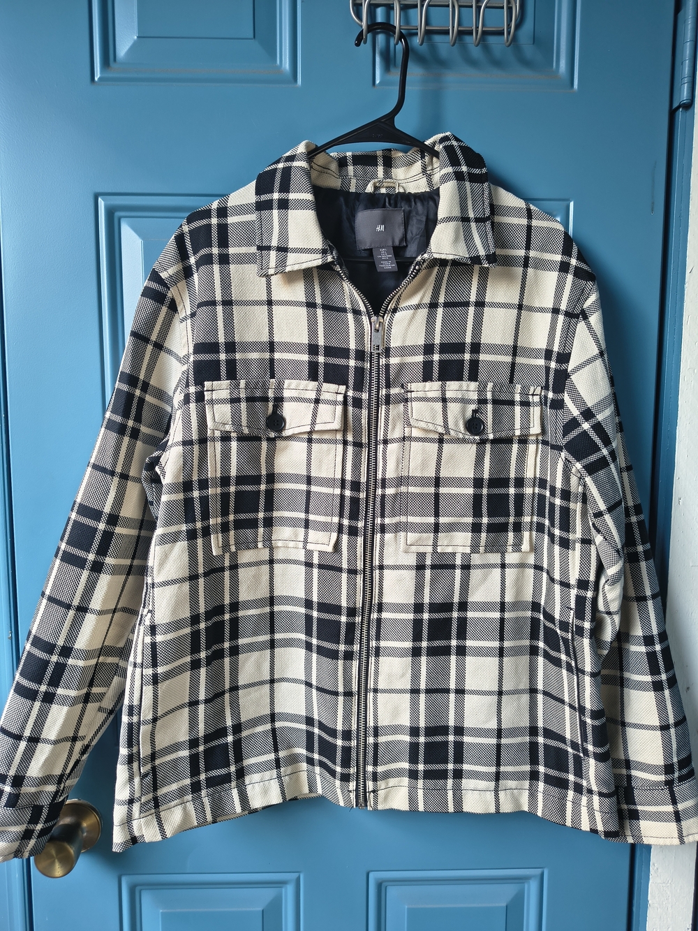 H&M Black & Cream Plaid Zip Jacket